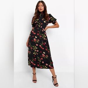 Floral high neck puff sleeve dress